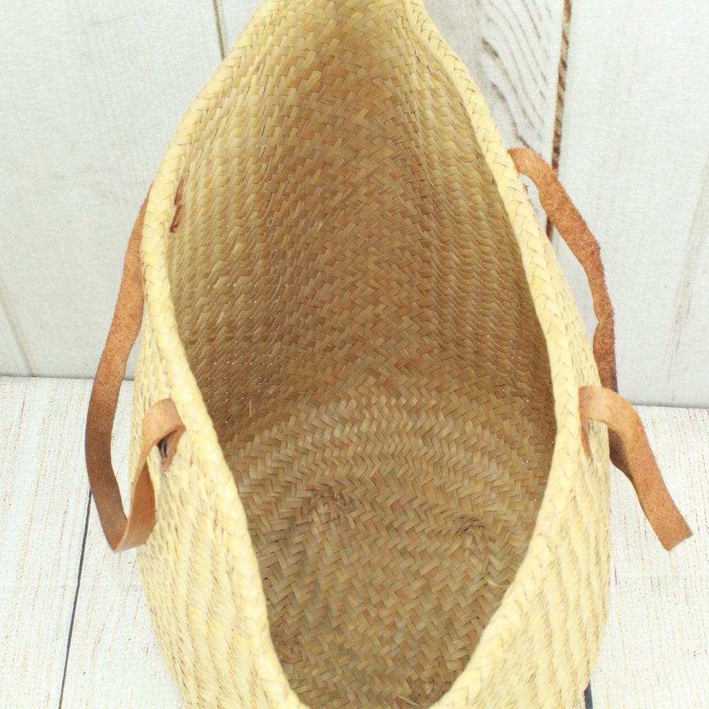 Women's Tan Ratan Cowhide Woven Double Handle Leather Bucket Tote Handbag - Picture 8 of 9